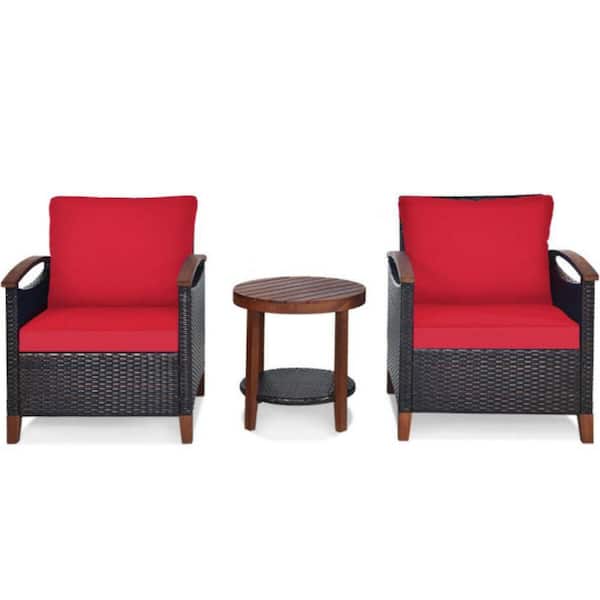 Alpulon 3-Pieces Outdoor Wicker Wooden Frame Patio Conversation Furniture Set with Red Cushion