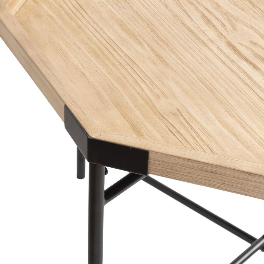 Natural Octagon Wood and Metal Coffee Table, 28x26x18