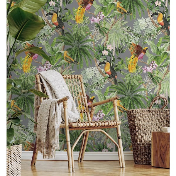 30.75 sq. ft. Grey Tropical Bird Vinyl Peel and Stick Wallpaper Roll
