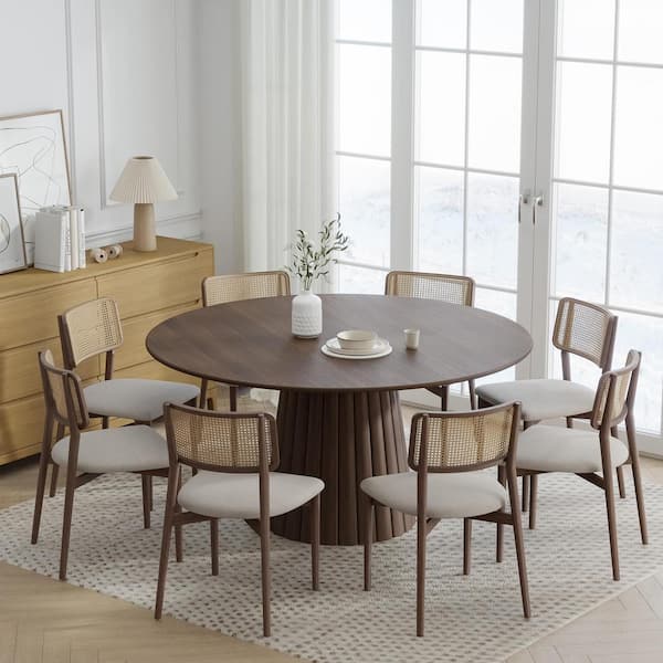 Dovelina 60 in. Natural Oak Wood Walnut Color Column Pedestal Round Kitchen Table Dining Table Seats 6