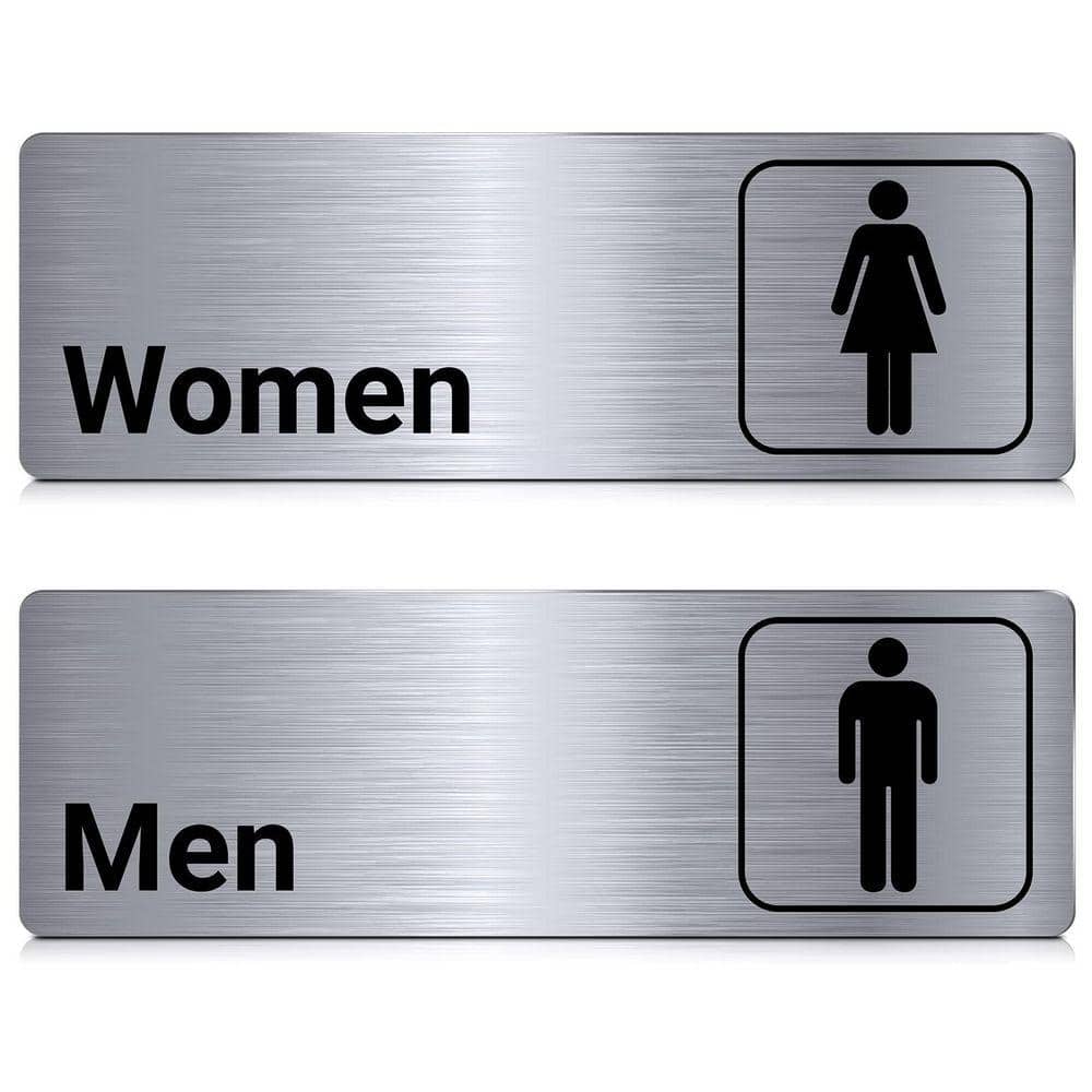 2-Pack 9 in. Aluminum Self-adhesive Bathroom Door Signs Men Women Metal Restroom Wall Signage Decor