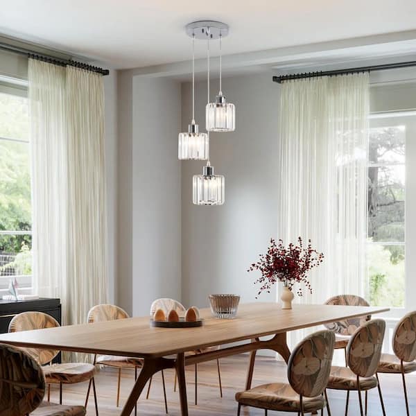 3-Light Chrome Crystal Pendant Light with Glass Shade-Ideal for Kitchen Island (Bulbs Not Included)