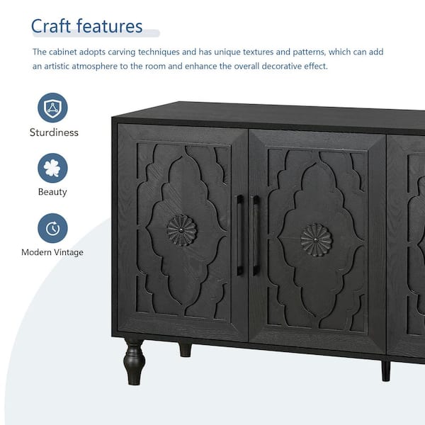 Black MDF 62.99 in. Vintage Carved 4-Doors Sideboards