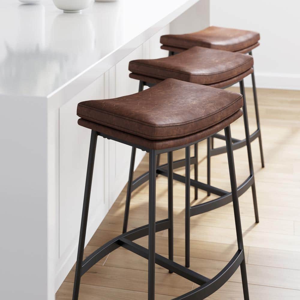 Brown Faux Leather Saddle Seat Backless Bar Stools with Matte Black Metal Frame, Set of 4