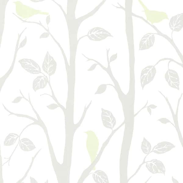 Brewster Corwin Light Green Bird Branches Light Green Wallpaper Sample