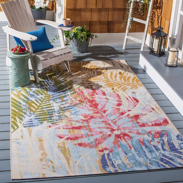 Summer Blue/Beige 9 ft. x 12 ft. Geometric Palm Leaf Indoor/Outdoor Area Rug