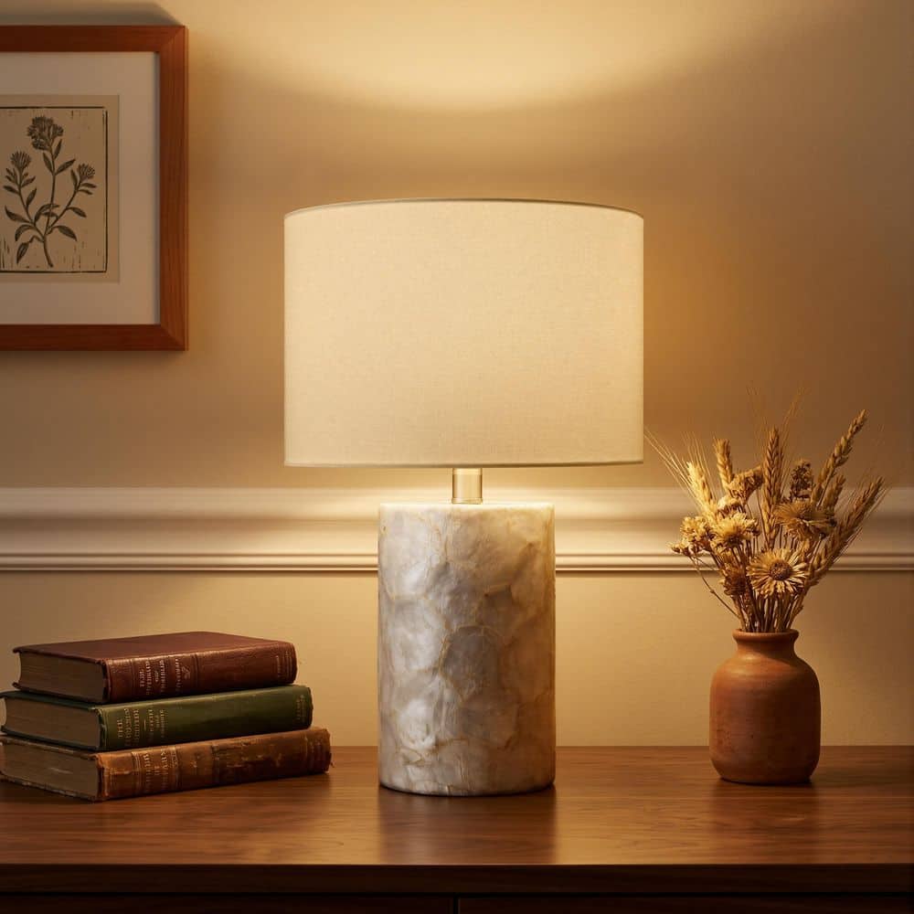 KAWOTI 18 in. Natural Seashell Resin Table Lamp with White Linen