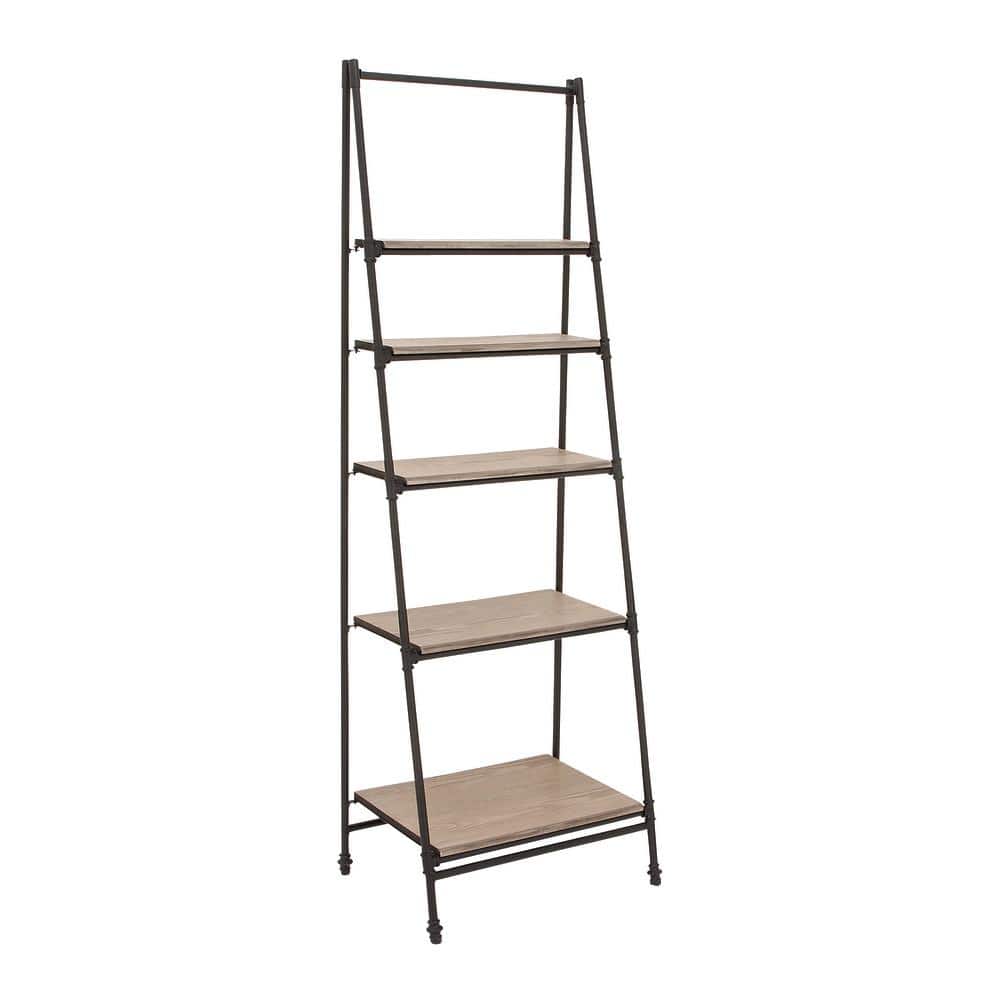 72" Black Metal and Pine Wood 5-Tier Ladder Shelf