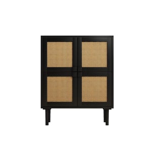 31.5 in. W x 15.75 in. D x 40 in. H Black Linen Cabinet with 4-Rattan Doors and 2-Adjustable Shelves