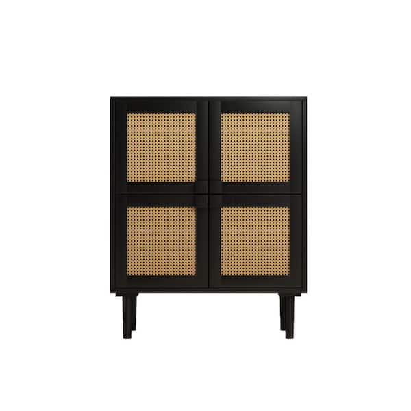 Unbranded 31.5 in. W x 15.75 in. D x 40 in. H Black Linen Cabinet with 4-Rattan Doors and 2-Adjustable Shelves