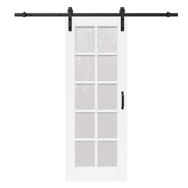 28 in. x 96 in. 10-Lite Tempered Clear Glass White Primed No Assembly Required MDF Sliding Barn Door with Hardware Kit