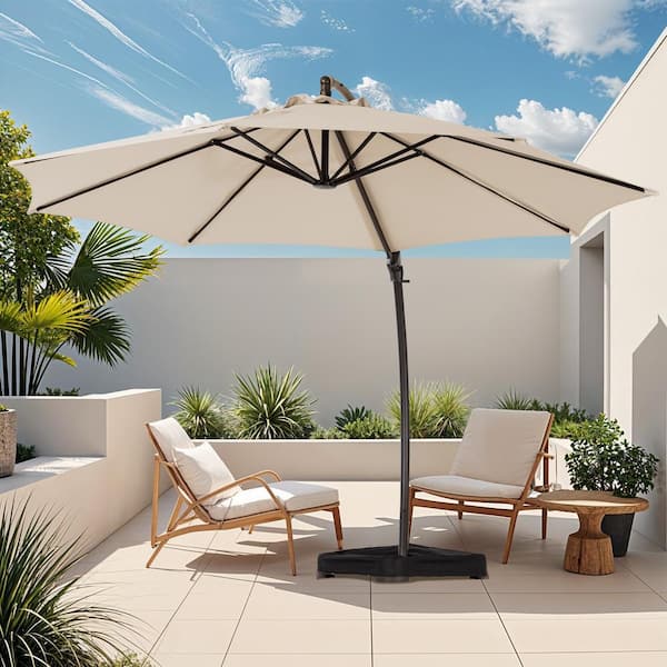 12 ft. L Outdoor Aluminum Curvy Cantilever Offset Hanging Patio Umbrella with Sandbag Base and Cover in Beige