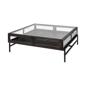 Arelius 42 in. Black/Clear Large Square Glass Coffee Table with Metal Base Display