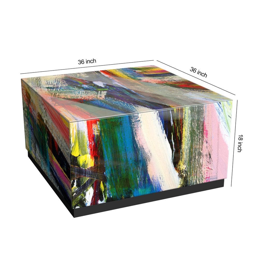 Abstract Multicolor Glass and Wood Cocktail Table