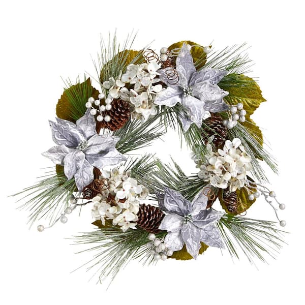 Nearly Natural 24 in. Silver Poinsettia, Hydrangea and Pinecones Artificial Christmas Wreath