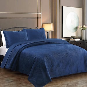 Soft Velvet Basket Weave Stripe Solid 3-Piece Navy Blue Polyester Cotton King Quilt Bedding Set