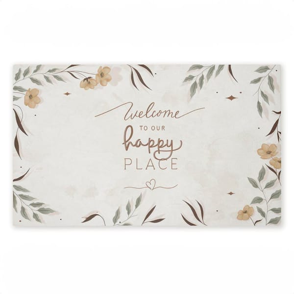 Our Happy Place Floral Welcome White 18 in. x 30 in. Polyester Non-Slip Outdoor Door Mat