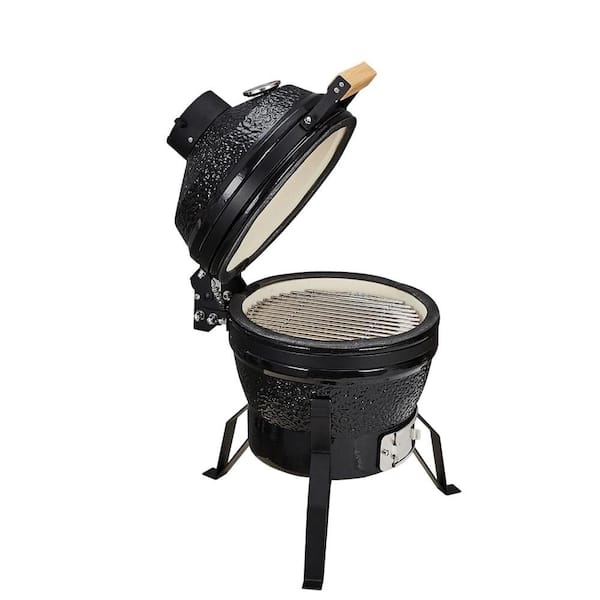 13 in. Black Portable Ceramic Charcoal Grill with 10.6 in. Stainless Steel Iron Cooking Grate, Heat Deflector, Ash Tool