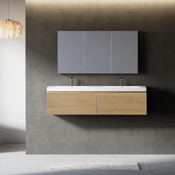 60 in. Wall-Mounted Bath Vanity Double Sink Floating Bathroom Vanity in Natural Oak with Glossy White Stone Resin Top