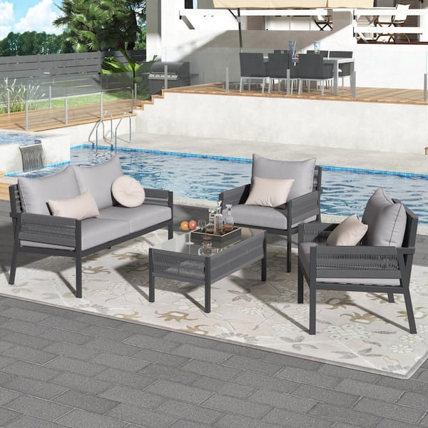 Cesicia 4-Piece Metal Rope Patio Conversation Set Outdoor Sectional Set with Tempered Glass Table for Backyard in Gray Cushions