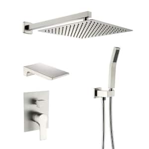 Single-Handle 1-Spray Patterns 12 in. Wall Mount Square Shower Faucet Waterfall in Brushed Nickel (Valve Included)