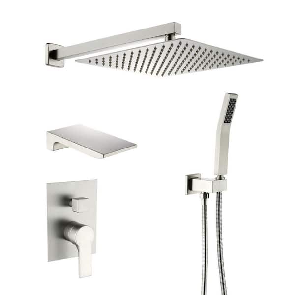 Zalerock Single-Handle 1-Spray Patterns 12 in. Wall Mount Square Shower Faucet Waterfall in Brushed Nickel (Valve Included)