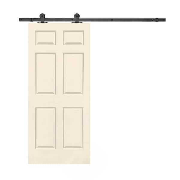 CALHOME 30 in. x 80 in. Beige Stained Composite MDF 6-Panel Interior Sliding Barn Door with Hardware Kit