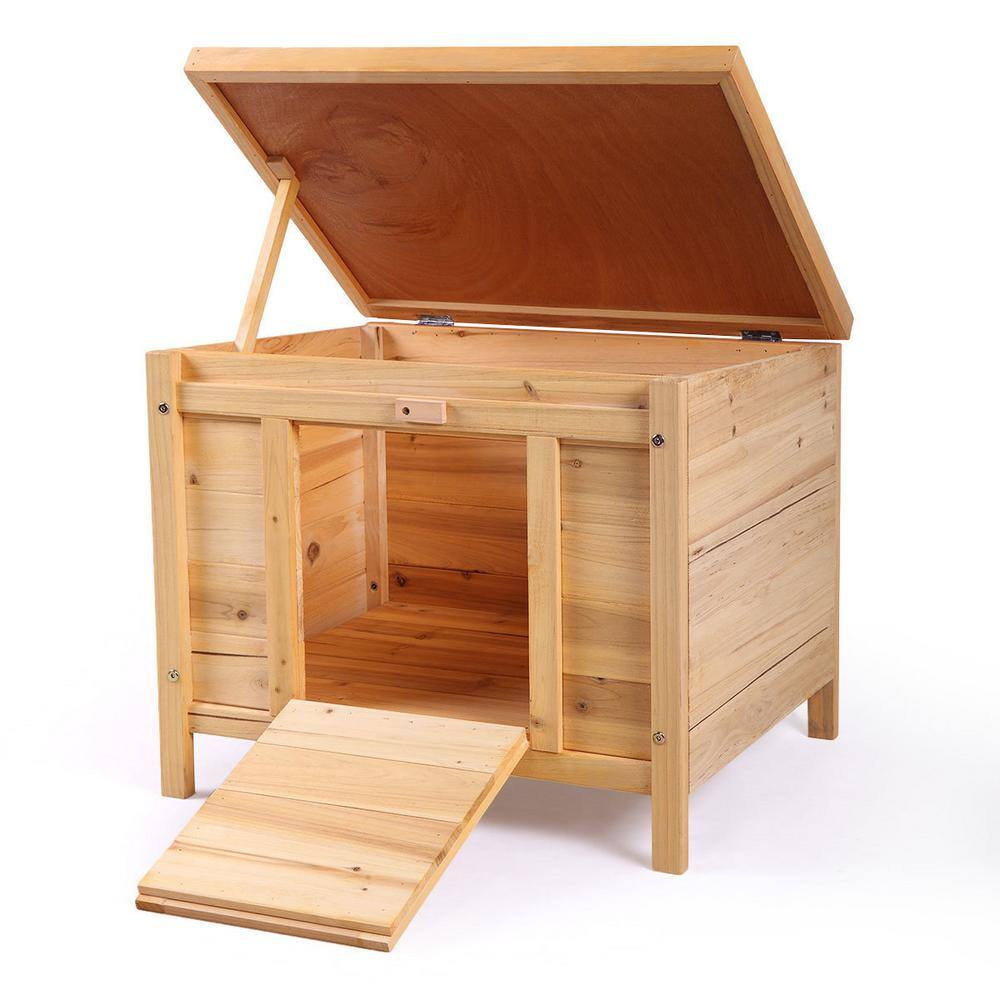 Small Brown Fir Wood Raised Pet House with Ladder