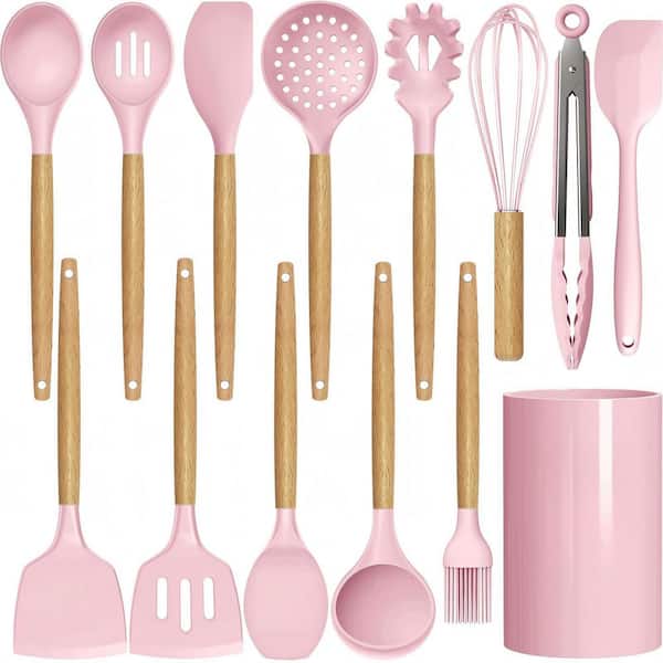Heat Resistant Silicone Cooking Utensils, Pink Kitchen Utensil Set, Kitchen Gadgets for Nonstick Cookware