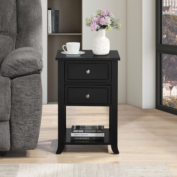 York 15.75 in. W Black Square Wood 2-Drawer End Table with Shelf