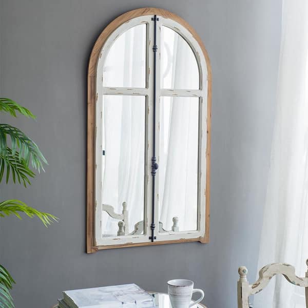 Blisstyle Brown Antique White 27.5 in. W x 48 in. H Farmhose Arch Wood Framed Mirror Wall Mirror Wall Decor Mirror