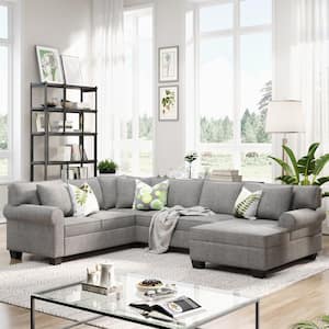 113 in. W Gray Rolled Arm 3-Piece Polyester U Shape Chenille Chesterfield 6 Seats Sectional Sofa with 3-Pillows