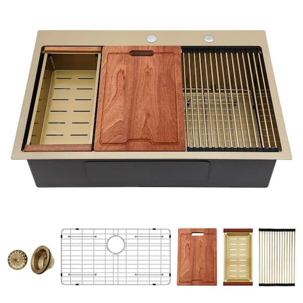33 in. Drop-In/Topmount Single Bowl 16-Gauge Gold Stainless Steel Workstation Kitchen Sink with Bottom Grid & Strainer