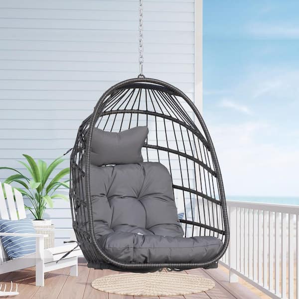 FINCATI 1-Person Gray PE Wicker Porch Swing Egg Chair with Gray Cushion