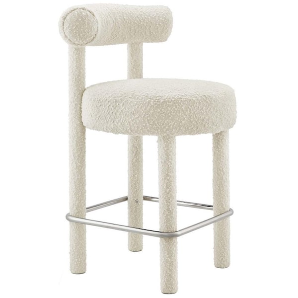 MODWAY Toulouse 26 in. Ivory Silver High Metal Bar Stool Counter Stool with Boucle Fabric Seat