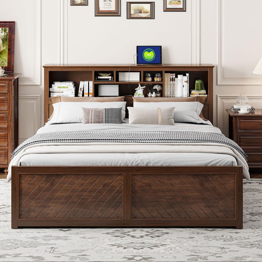 Eric Brown Wood Frame King Size Platform Bed with Storage Headboard, Charging Station, 2 Drawers, Shelves, Antique Wood - thumbnail 10