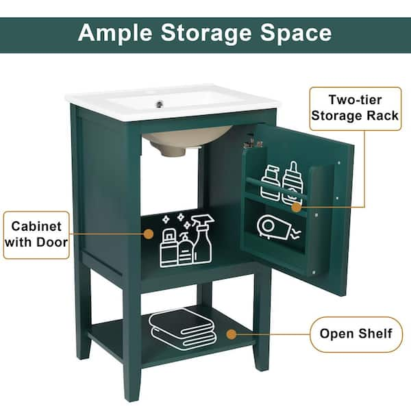 20 in. x 16 in. x 34 in. Freestanding Small Bathroom Vanity Cabinet in  Green with White Caremic Sink Top, Storage Rack