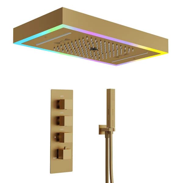 LED Ceiling Mount 2-Spray 4-Handle Shower Faucet with Music 2.5 GPM with Valve in Brushed Gold Corrosion Resistant