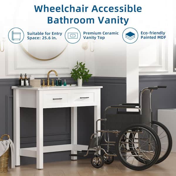 36 in. W Single Sink ADA Freestanding White Bath Vanity with Ceramic Top Unassembled, Wheelchair Accessible
