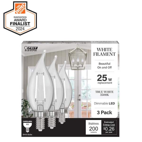 Feit Electric 25W Equivalent BA10 E12 Candelabra Dim White Filament Clear Glass Chandelier LED Light Bulb, True White 3500K (3-Pack)