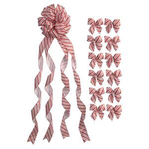 Christmas Tree Topper Bow and 12 Mini Bows Red and White Glitter Candy Cane Stripe Ribbon