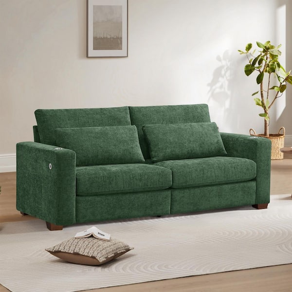 Dara 89 in.Square Arm Fabric Modern Rectangle Sofa with Solid Wood Legs,Cup Holders,USBandType C Charging Ports in Green