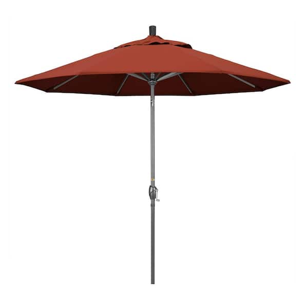 California Umbrella 9 ft. Hammertone Grey Aluminum Market Patio Umbrella with Push Button Tilt Crank Lift in Terracotta Sunbrella