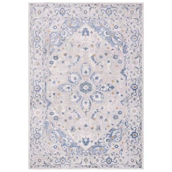 Palma 10 ft. x 14 ft. Light Gray/Blue Floral Border Area Rug