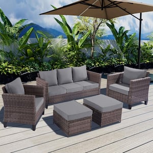 5-Piece Outdoor Rattan Wicker Patio Conversation Set with Gray Cushions