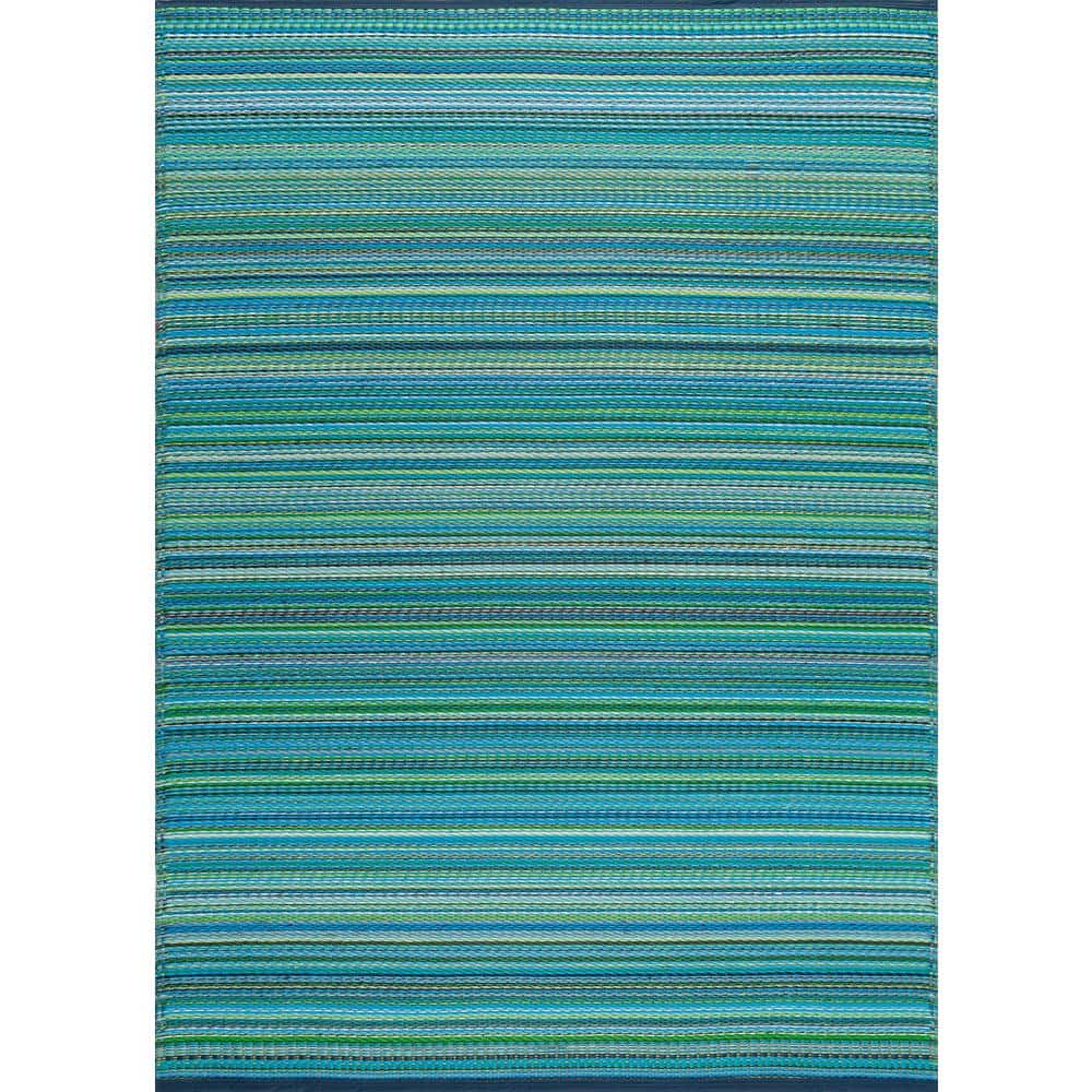 Aqua and Green Striped Synthetic 5' x 7' Outdoor Rug