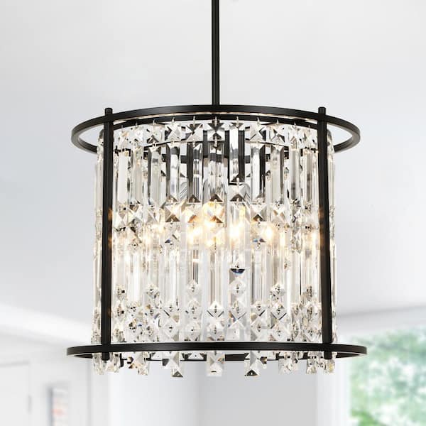Kinlea 4 Light Black Crystal Modern Round Chandelier for Kitchen Island, Living Room and Dining Room