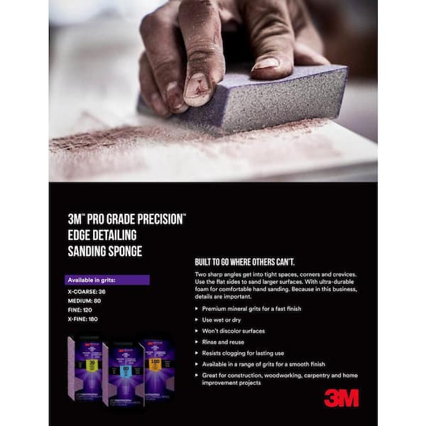 3M Pro Grade Precision 2.875 in. x 4.5 in. x 1 in. 220 Grit Edge Detailing Dual Angle Sanding Sponge