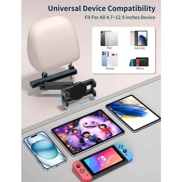 Elitehood Headrest Car Tablet Holder - [Long Aluminum Extension Arm] [Ultra-Compact] Foldable IPad Holder For Car Backseat, Road Trip Essentials
