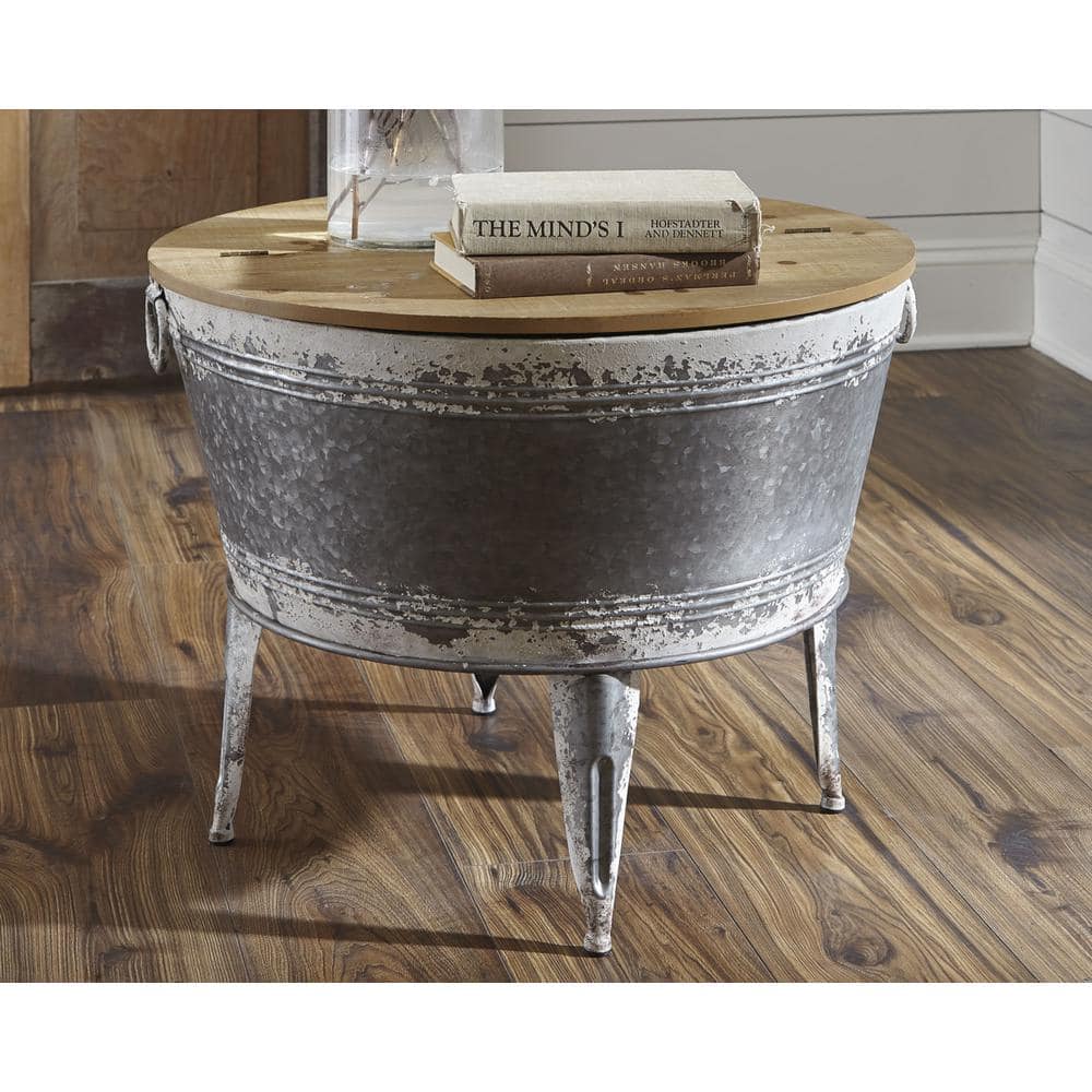 Round Galvanized Metal and Wood Lift-Top Coffee Table with Storage